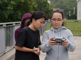 2 Schülerinnen beim Drohnenflug